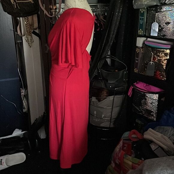 Flutter-sleeve red hot plus size twist back midi pleated gathered dress/ 3/4 - Picture 6 of 11